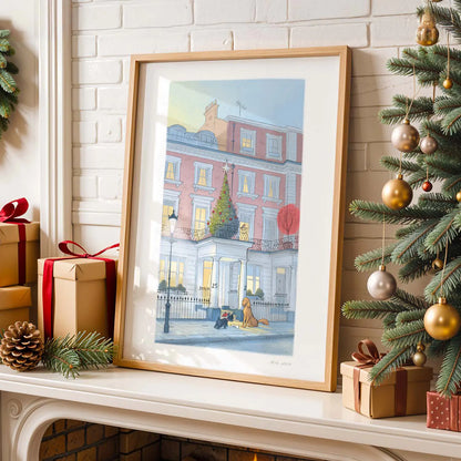 Wall art print of dogs in London at Christmas on a mantle piece with decorations and a tree