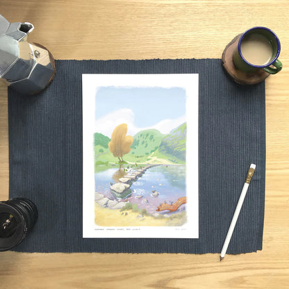 Signed wall art print of a painting of the stepping stones in Dovedale in the Peak District national park with pencil and coffee