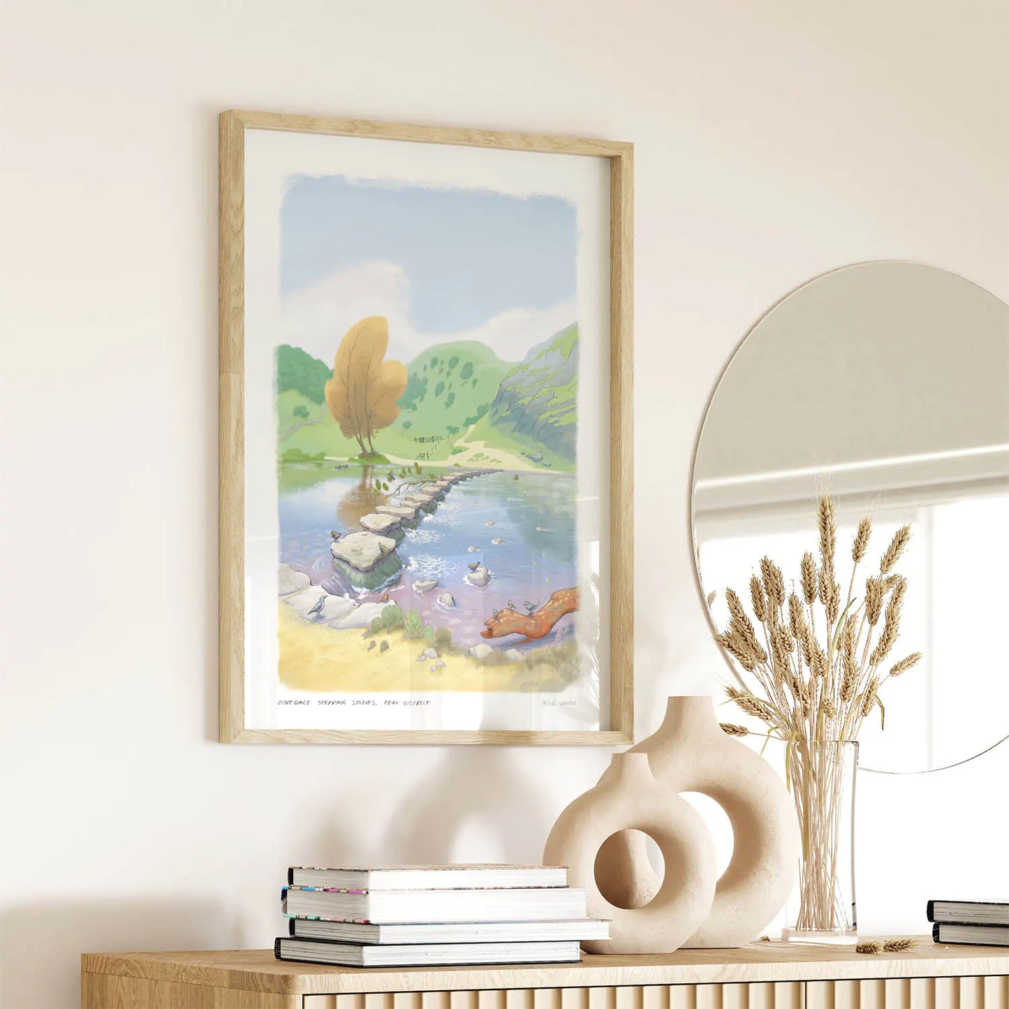 Wall art print of a painting of the stepping stones in Dovedale in the Peak District national park next to a mirror