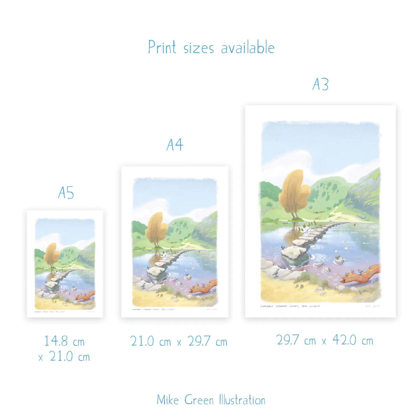 Sizes for a wall art print of a painting of the stepping stones in Dovedale in the Peak District national park