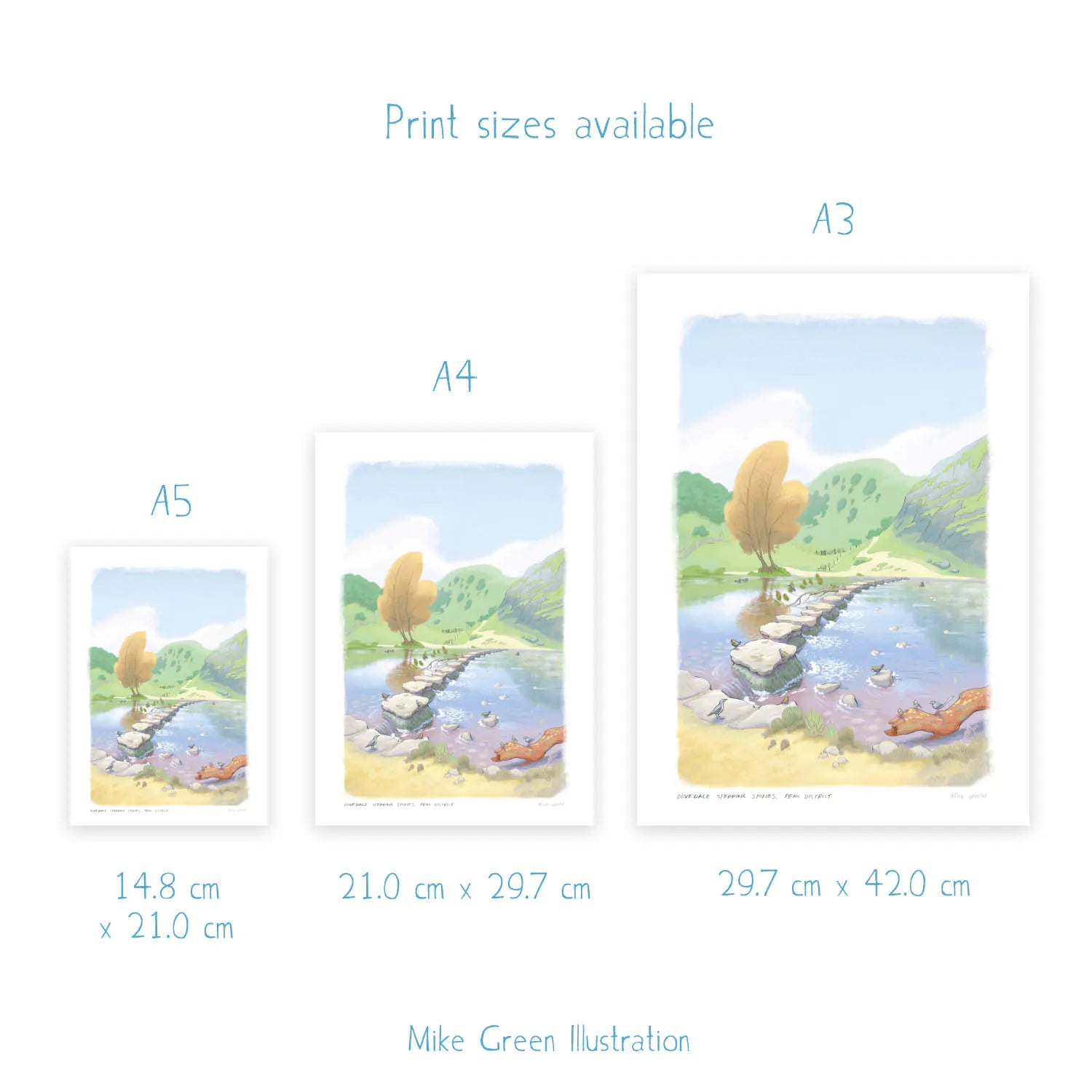 Sizes for a wall art print of a painting of the stepping stones in Dovedale in the Peak District national park