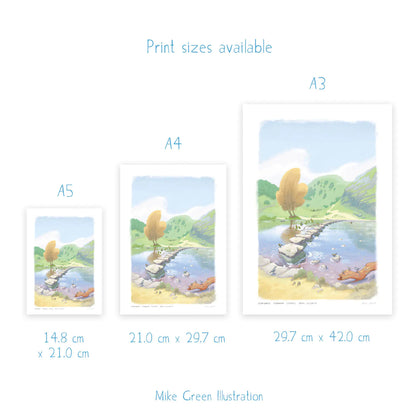 Sizes for a wall art print of a painting of the stepping stones in Dovedale in the Peak District national park