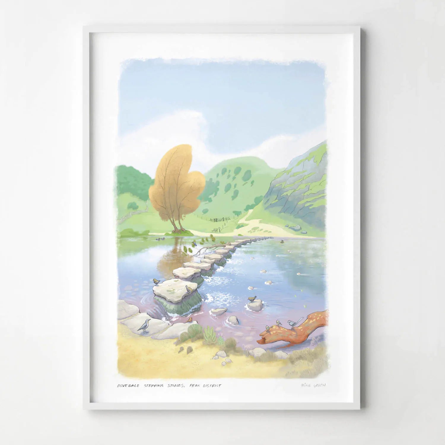 Wall art print of a painting of the stepping stones in Dovedale in the Peak District national park