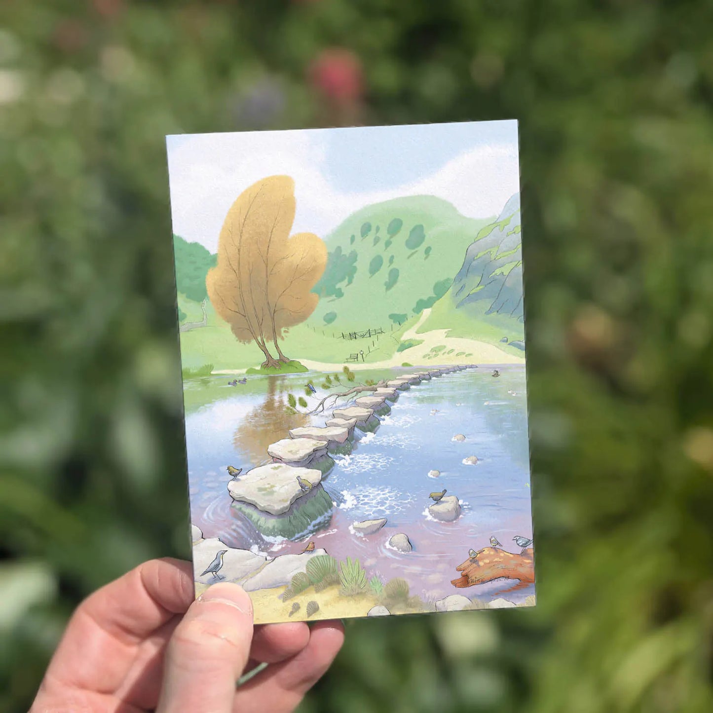 Greetings card with a painting of Dovedale Stepping Stones in the Peak District national park
