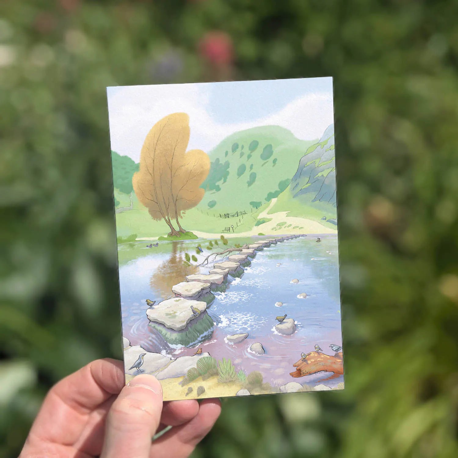 Greetings card with a painting of Dovedale Stepping Stones in the Peak District national park