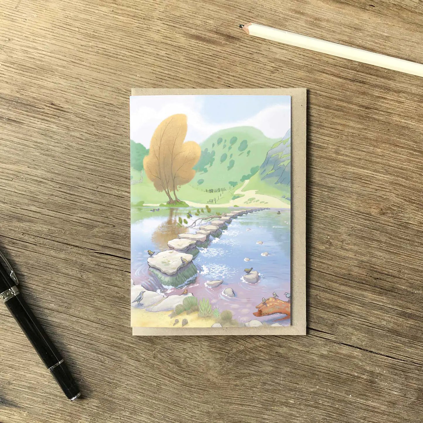 Greetings card with a painting of Dovedale Stepping Stones in the Peak District with pencil and pen