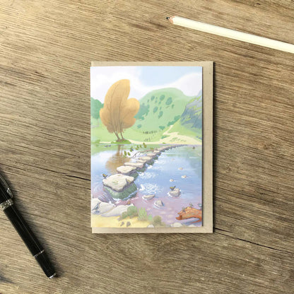Greetings card with a painting of Dovedale Stepping Stones in the Peak District with pencil and pen