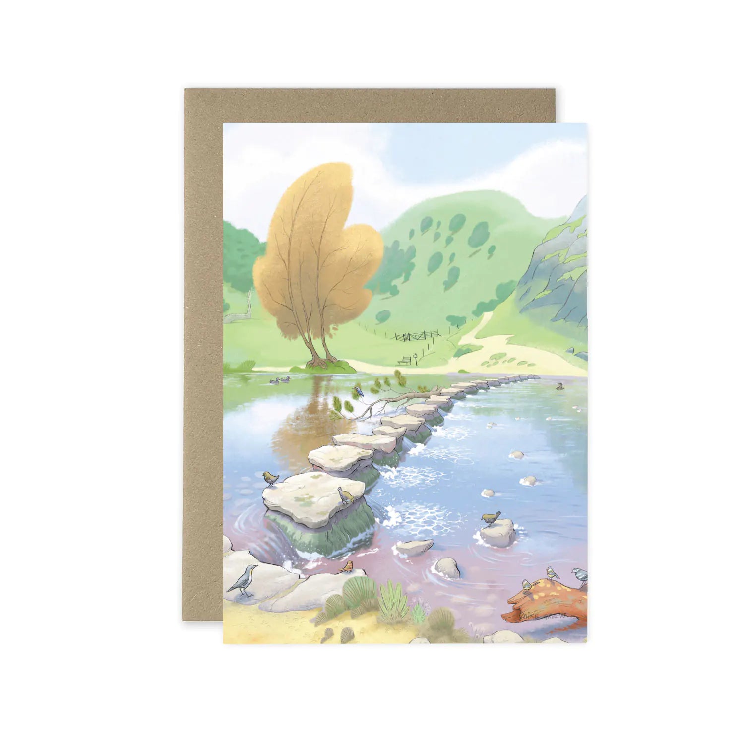 Greetings card with a painting of Dovedale Stepping Stones in the Peak District