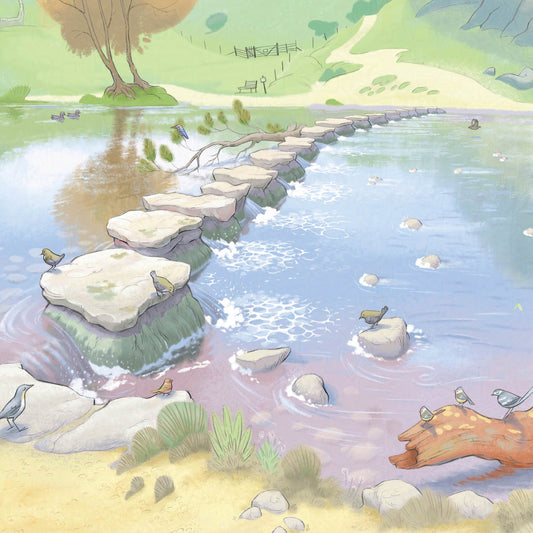 Detail from a wall art print of a painting of the stepping stones in Dovedale in the Peak District national park