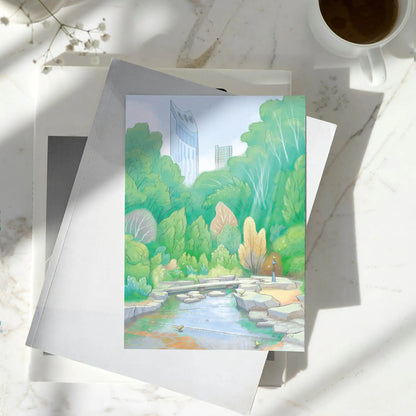 Greetings card with a painting of the Elephant Park in south London's Elephant and Castle on a marble table