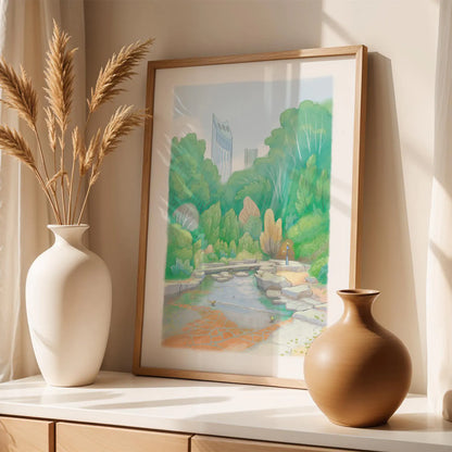 Framed wall art print of a painting of Elephant Park in London's Elephant and Castle with two vases