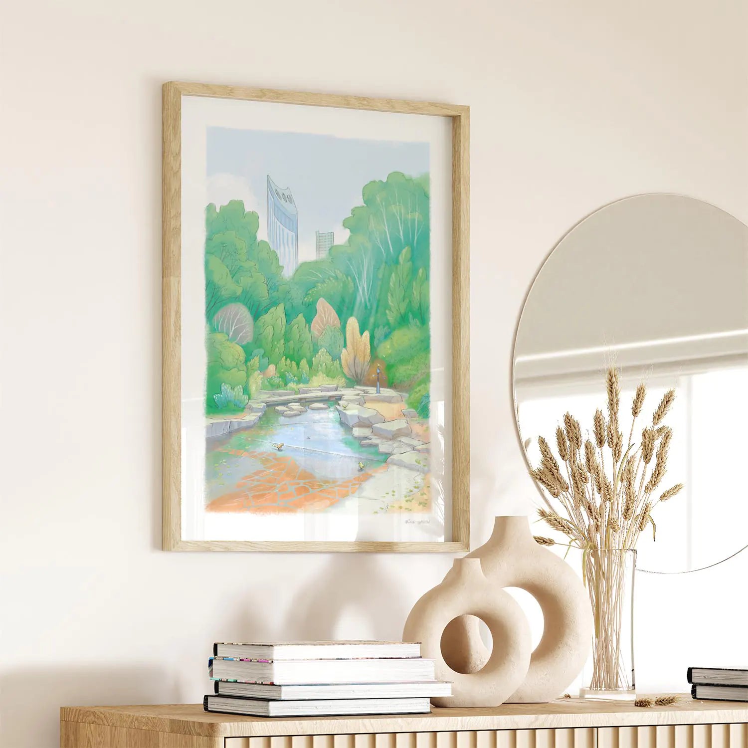 Framed wall art print of a painting of Elephant Park in London's Elephant and Castle hanging in a hallway