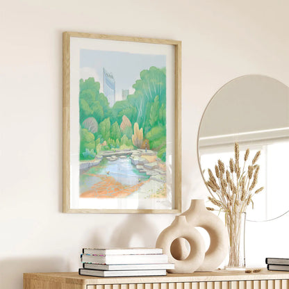 Framed wall art print of a painting of Elephant Park in London's Elephant and Castle hanging in a hallway
