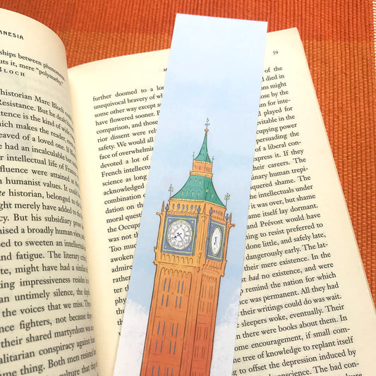 London's Elizabeth Tower bookmark resting on a book by Mike Green Illustration