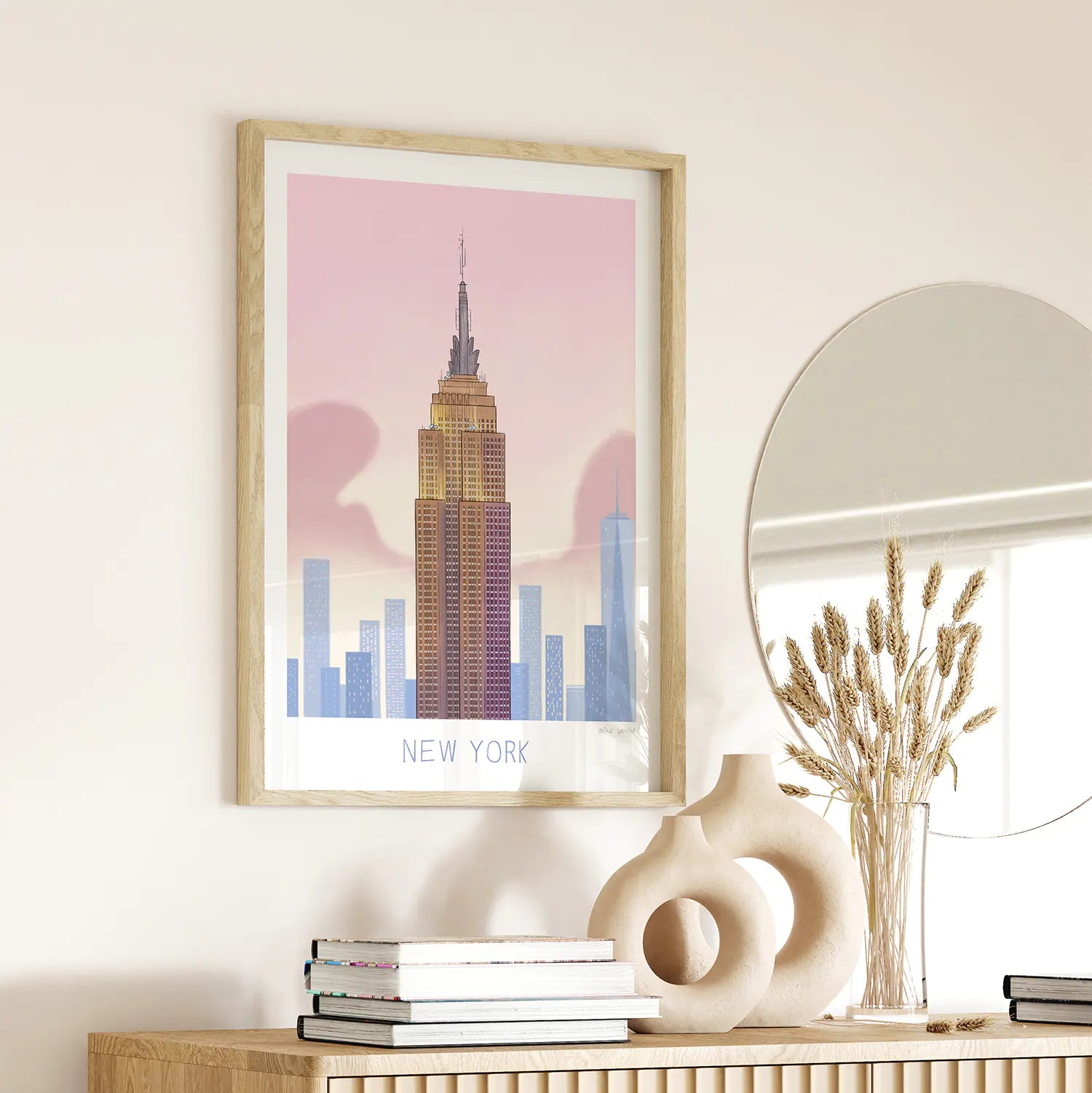 Framed print of an illustration of  the Empire State Building in New York with New York written underneath