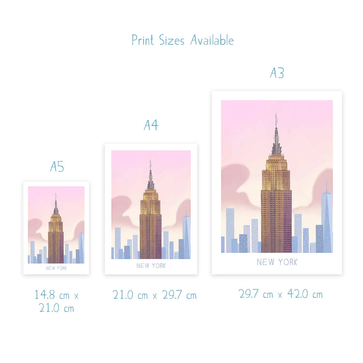 Wall art print sizes for a painting of New York's Empire State Building