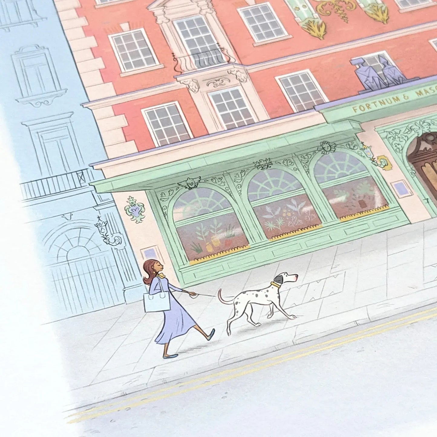 Photo of a wall art print of the Fortnum and Mason Store in London showing a lady and her dog