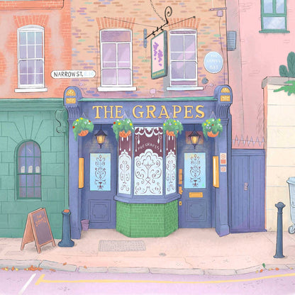 Detail of a wall art print of a painting of the Grapes pub in Limehouse East London