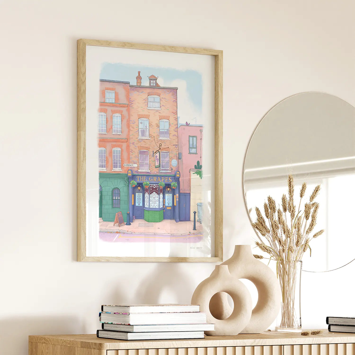 Framed print of an illustration of the Grapes pub in Limehouse East London