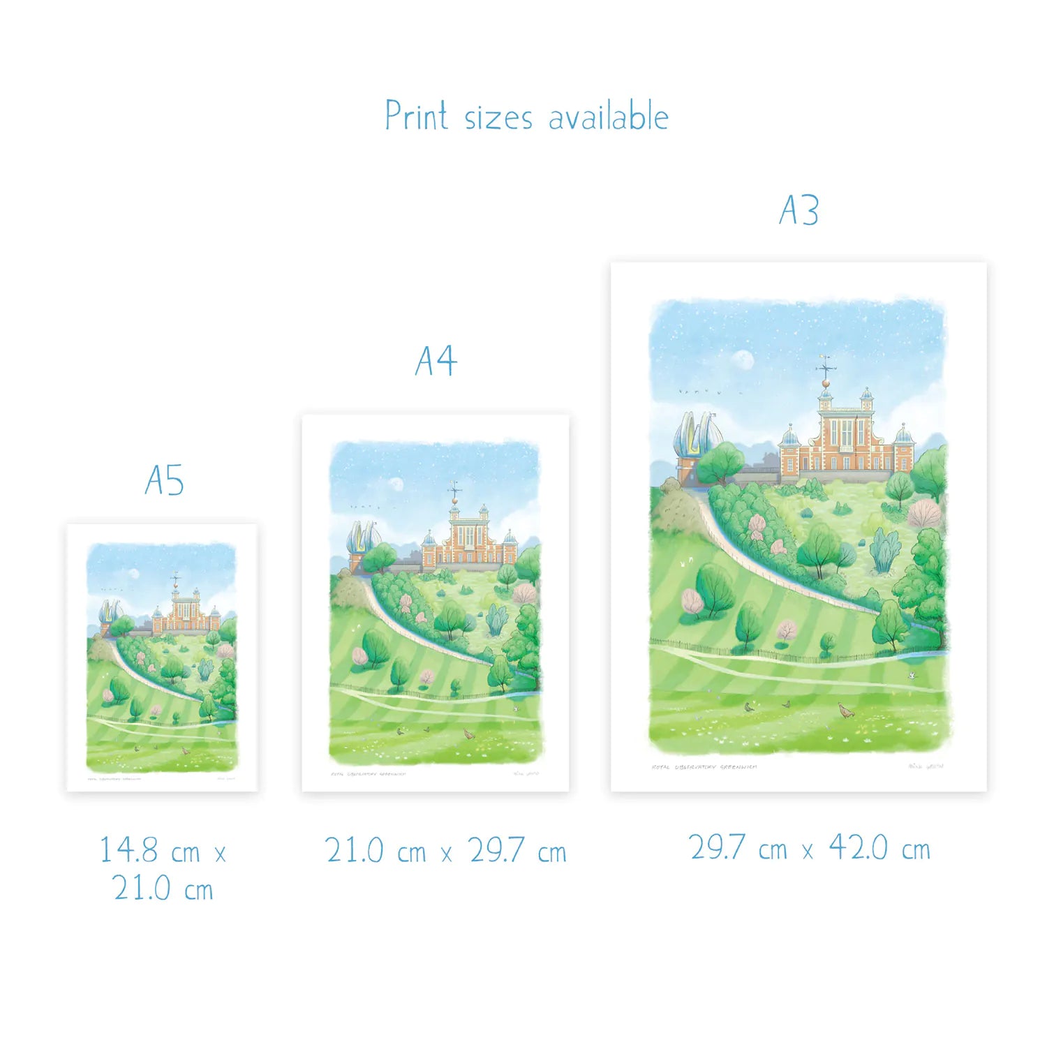 Sizes available for the Royal Observatory Greenwich art prints from Mike Green Illustration