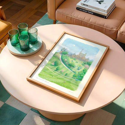 Art print of a painting of the Royal Observatory Greenwich in London by Mike Green Illustration laying on a round table