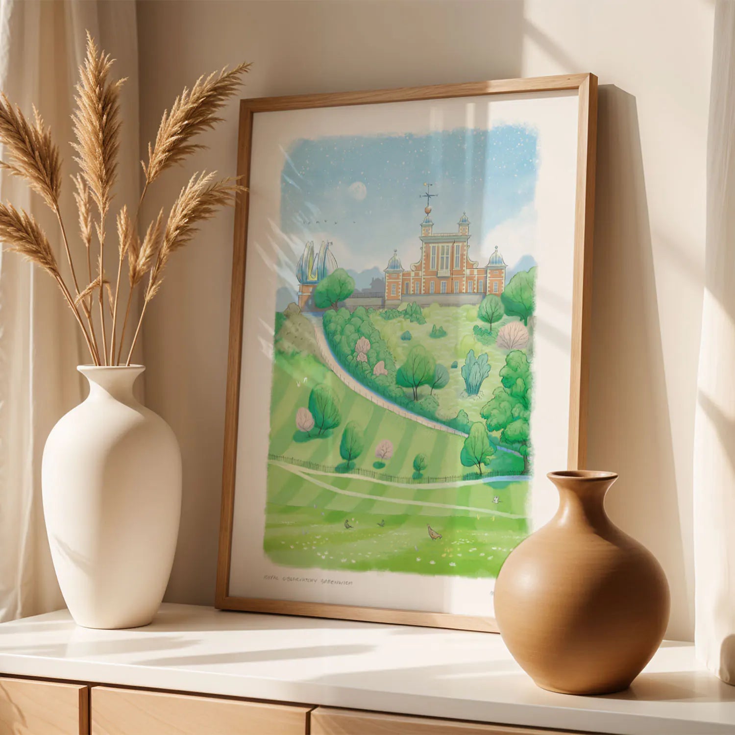 Framed print of a painting of the Royal Observatory Greenwich in London by Mike Green Illustration with two vases