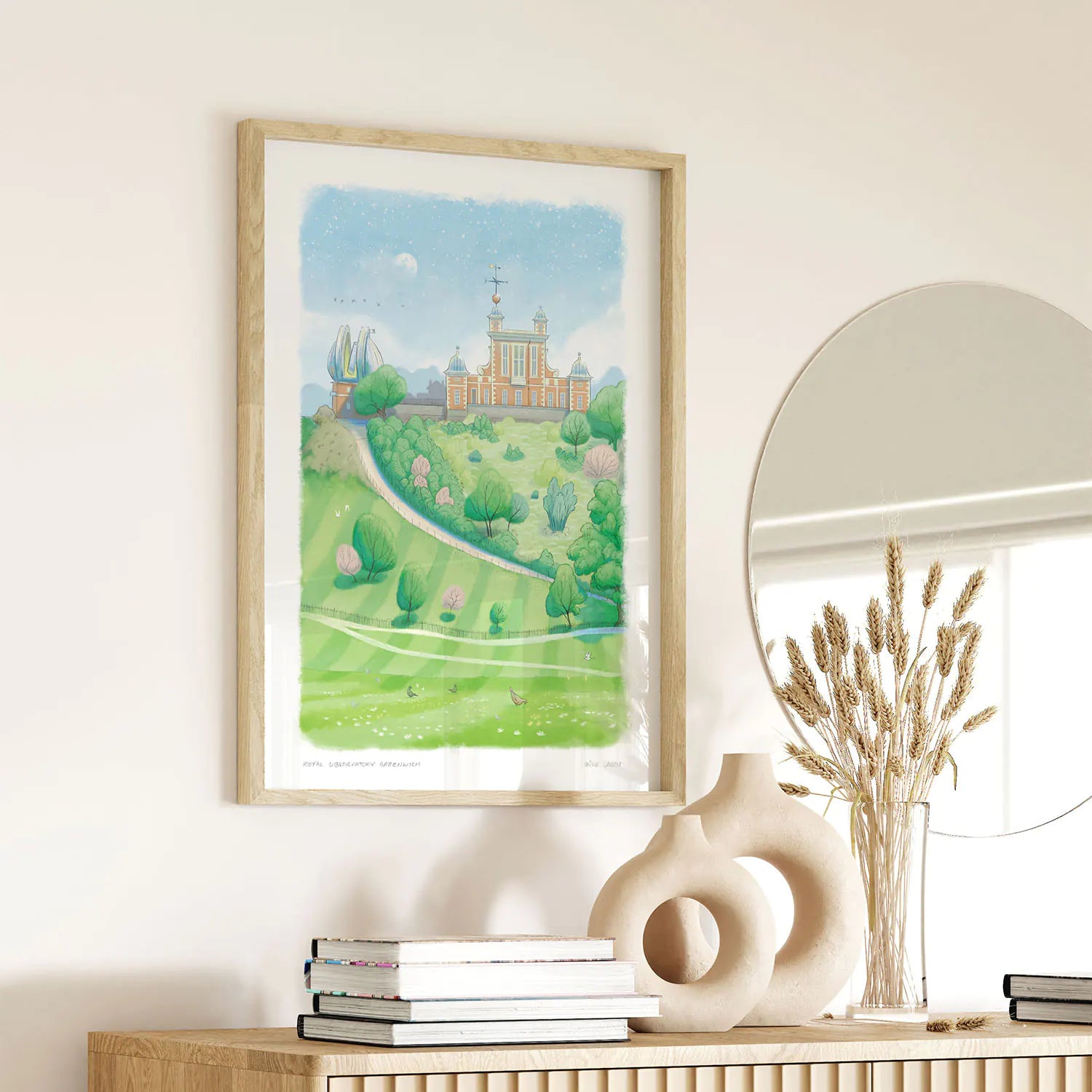 Framed print of a painting of the Royal Observatory Greenwich in London by Mike Green Illustration hanging on a wall