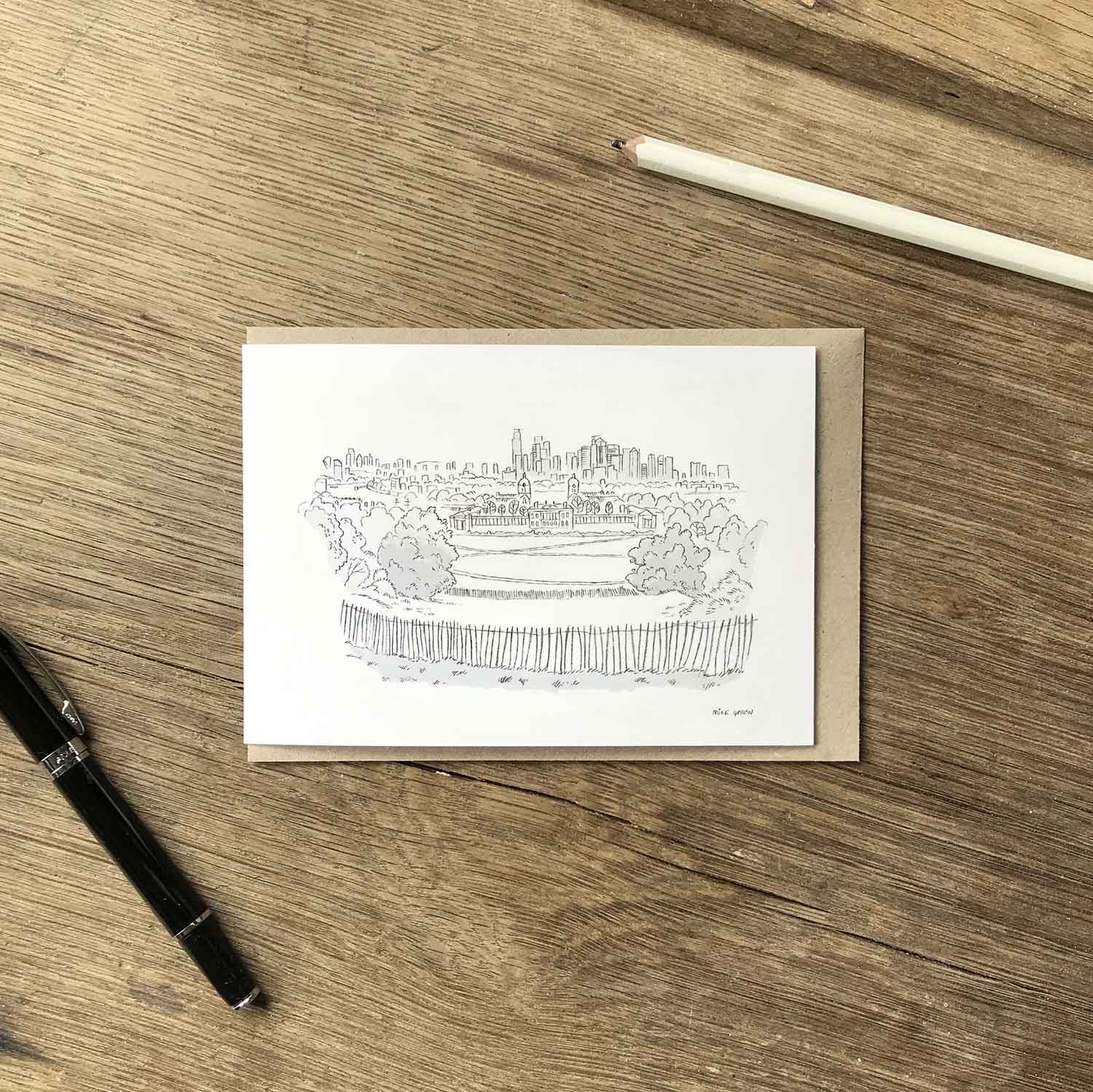 The view from Greenwich beautifully sketched on a greeting card by mike green illustration.
