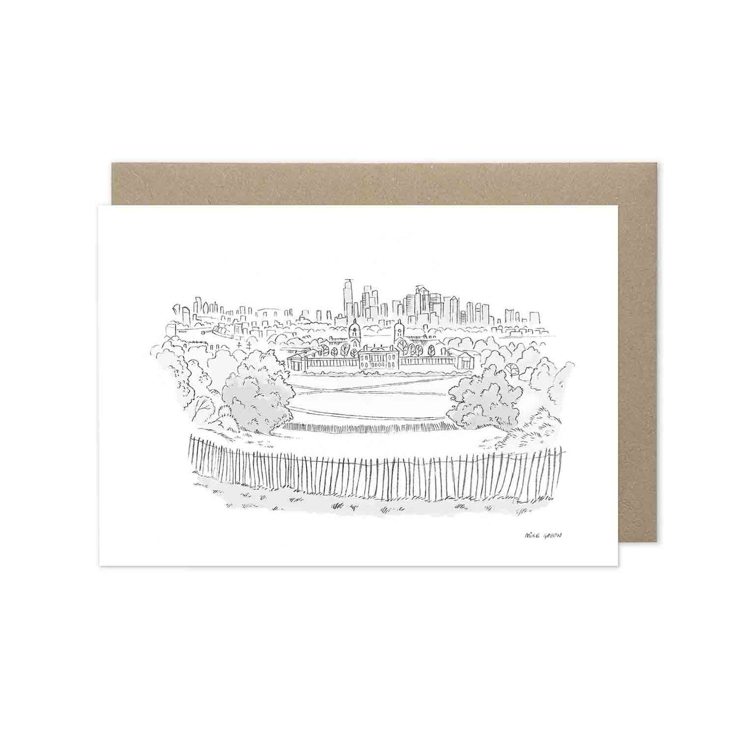 The view from Greenwich beautifully sketched on a greeting card by mike green illustration.