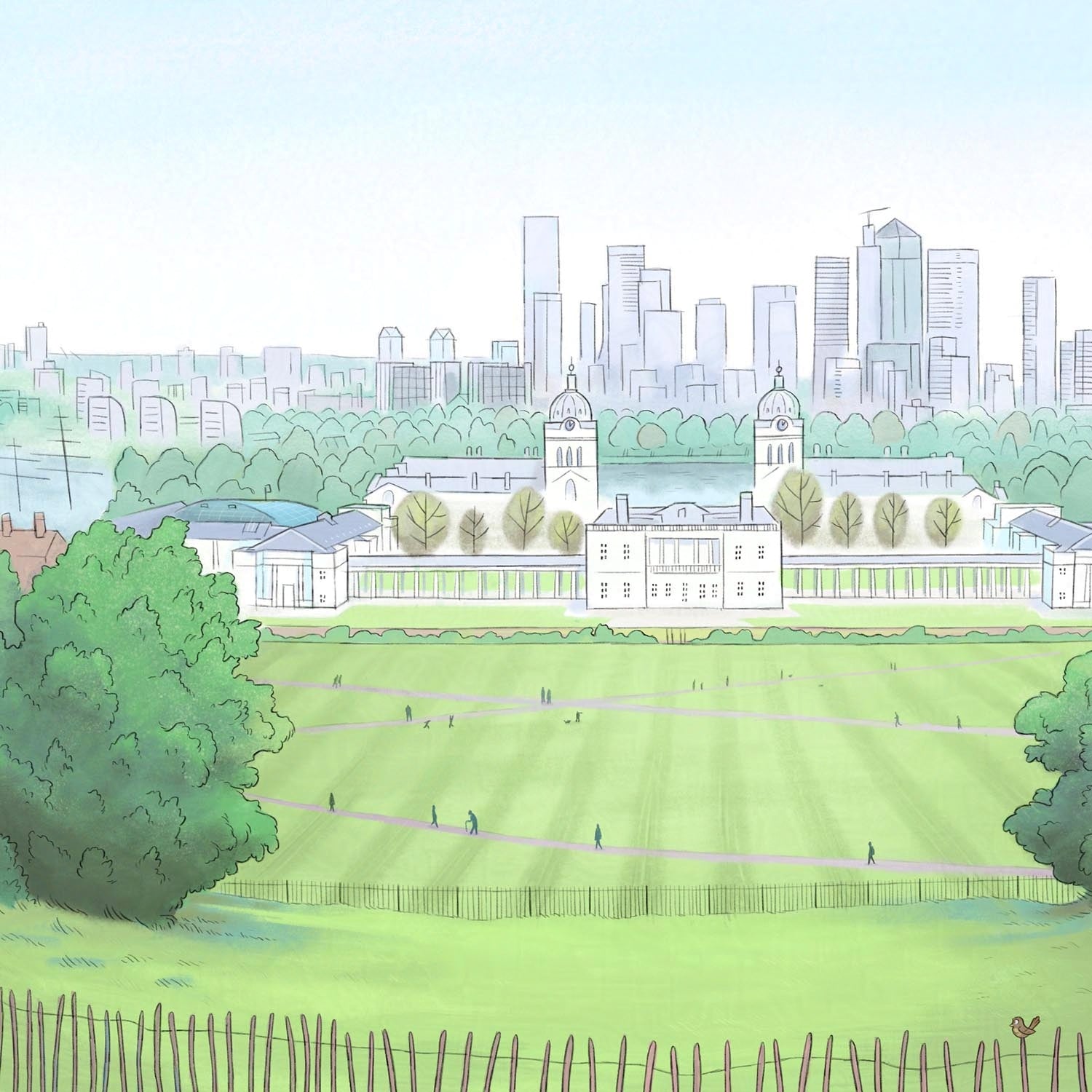 Detail of painting of the view from Greenwich Park by Mike Green Illustration