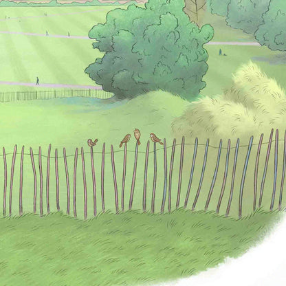 Detail with birds on a fence from print of view from Greenwich Park by Mike Green Illustration