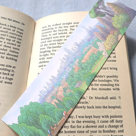 View of London from Hampstead Heath Illustrated on a bookmark by Mike Green Illustration resting on an open book