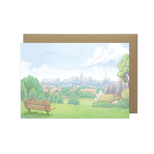View from London's Parliament Hill in Hampstead Heath beautifully illustrated on a greeting card by mike green illustration.