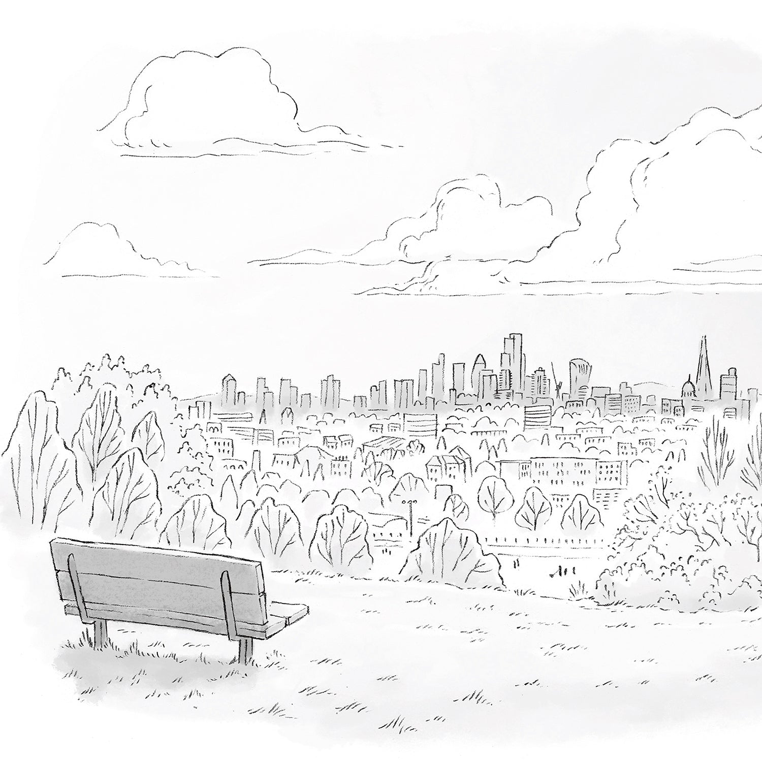 A print of The view from Hampstead Heath beautifully sketched by mike green illustration.