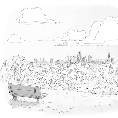 A print of The view from Hampstead Heath beautifully sketched by mike green illustration.