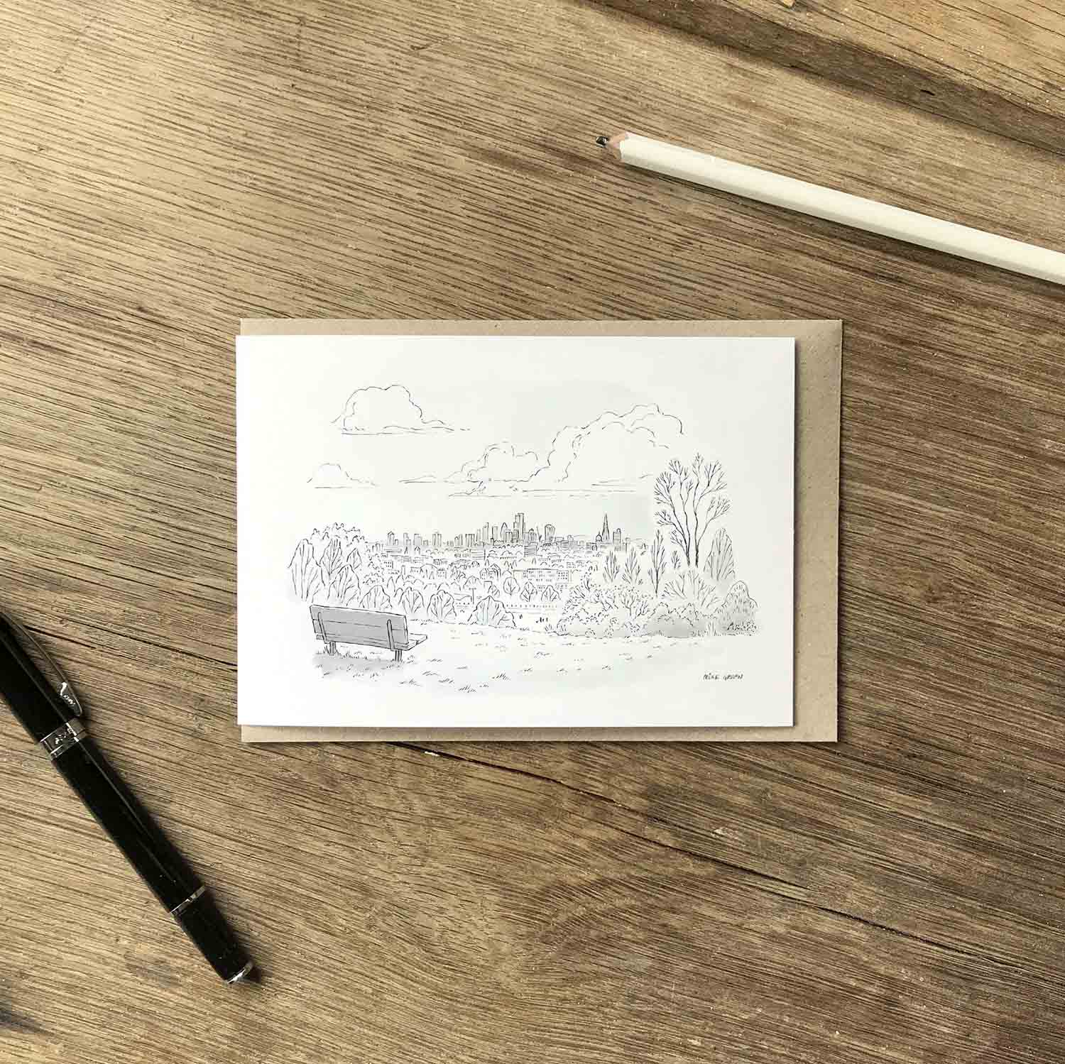 The view from Parliament Hill on Londons Hampstead Heath beautifully illustrated on a greeting card by mike green illustration.