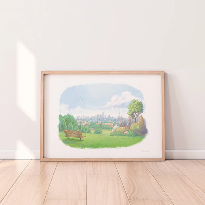 Framed print of painting of the view from Parliament Hill on Hampstead heath including the bench by Mike Greens illustration