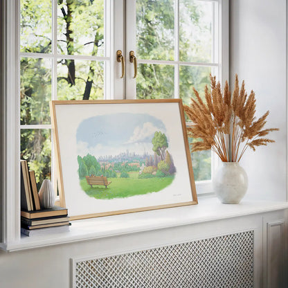 Framed print of painting of the view from Parliament Hill on Hampstead heath by Mike Greens illustration