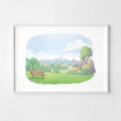 Framed print of painting of the view from Parliament Hill on Hampstead heath including the bench by Mike Greens illustration