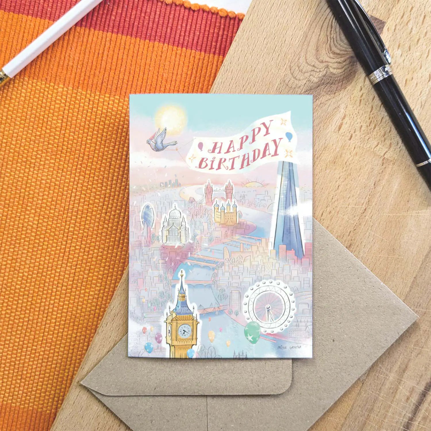 London themed Happy Birthday greetings card featuring a pigeon and Big Ben in a sunny city scape with an envelope