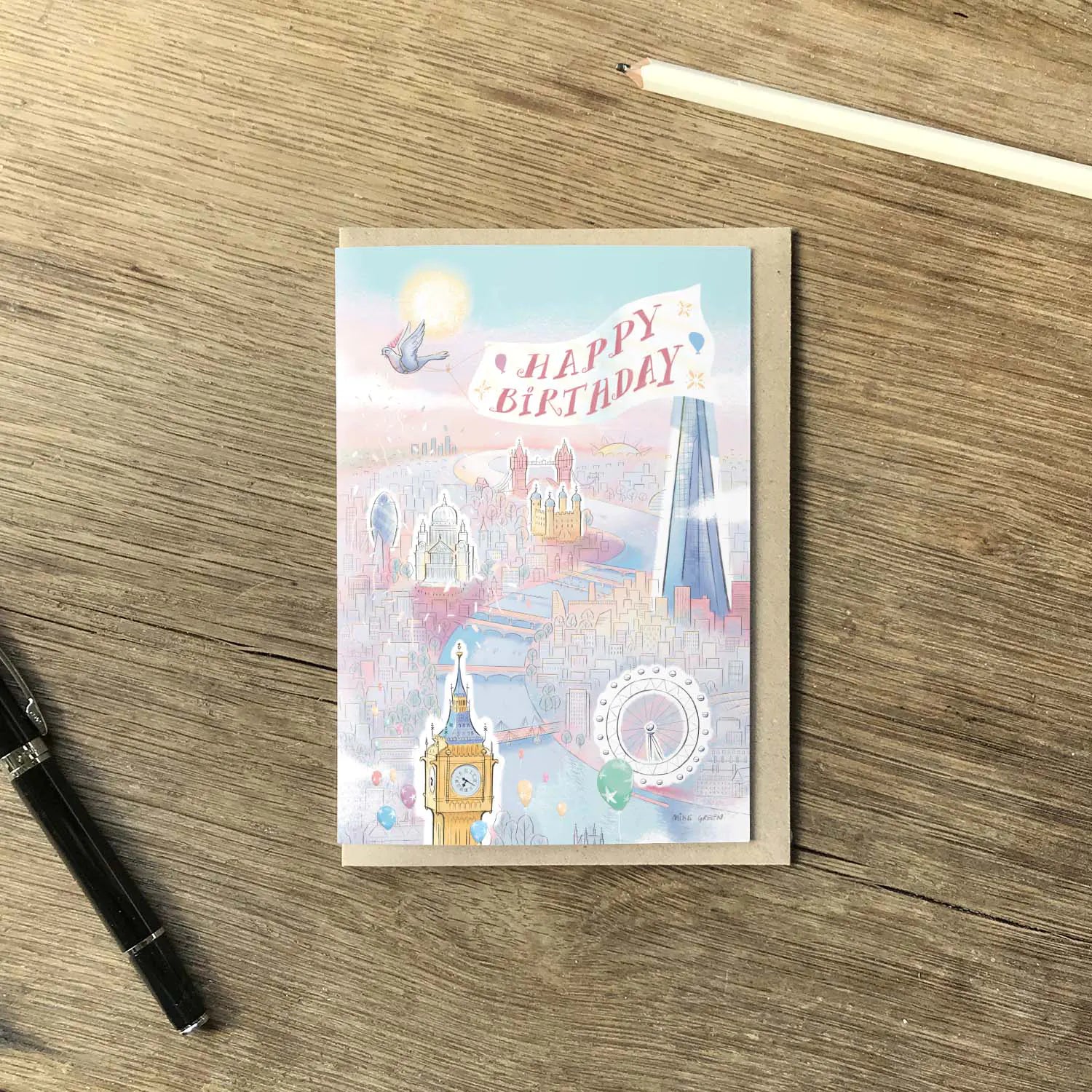 London themed Happy Birthday greetings card featuring a pigeon and Big Ben in a sunny city scape with an envelope