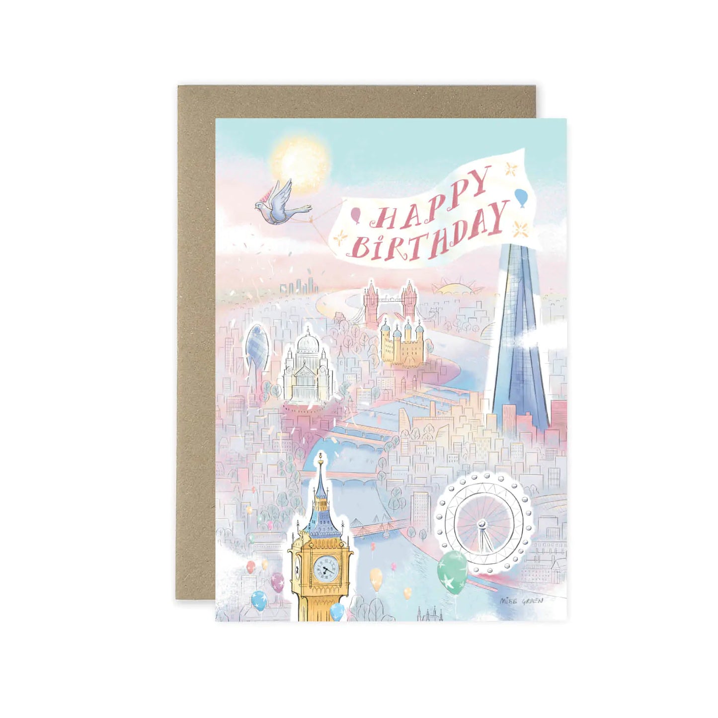 London birthday greetings card featuring a pigeon and big ben in a sunny city scape with Happy Birthday text and a brown envelope on a white background