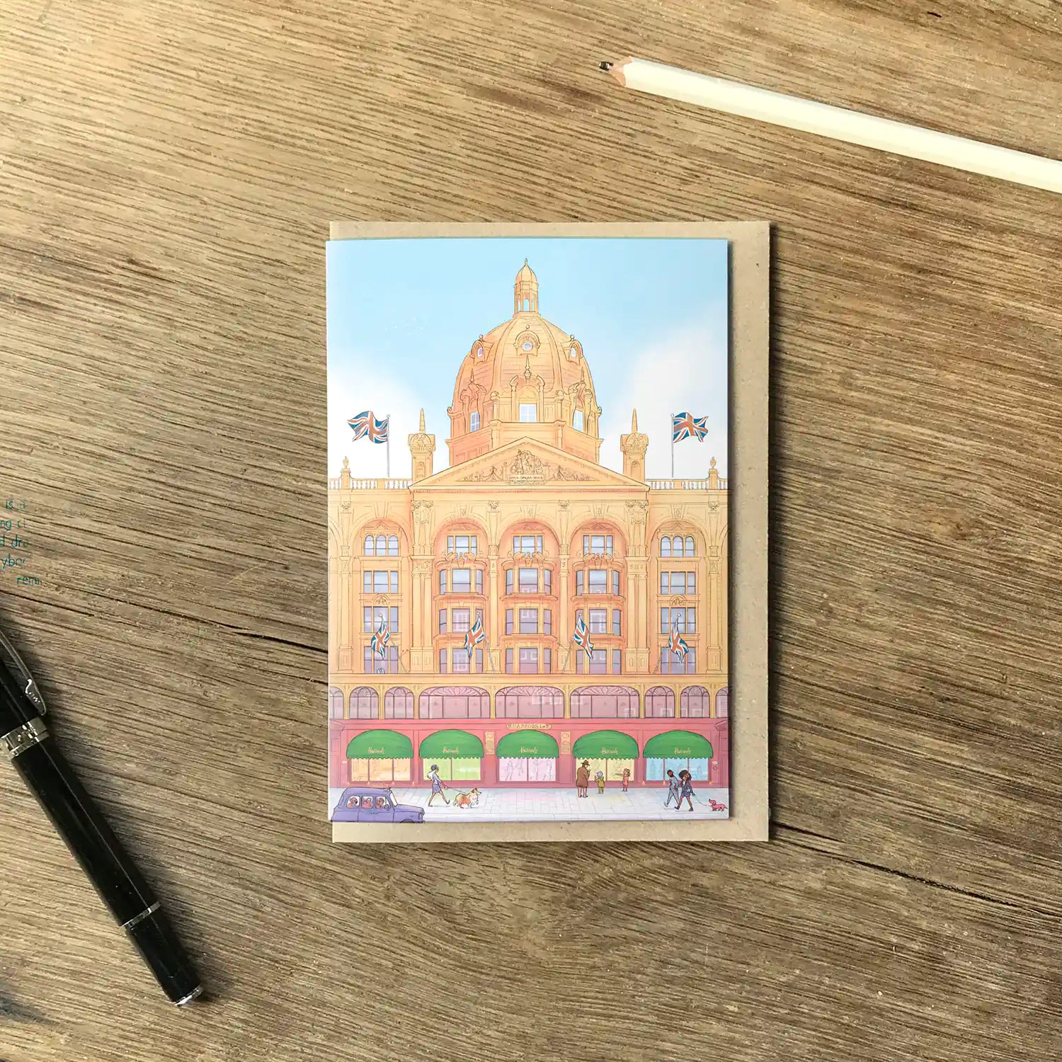 London's Harrods Store beautifully illustrated on a greeting card by mike green illustration.