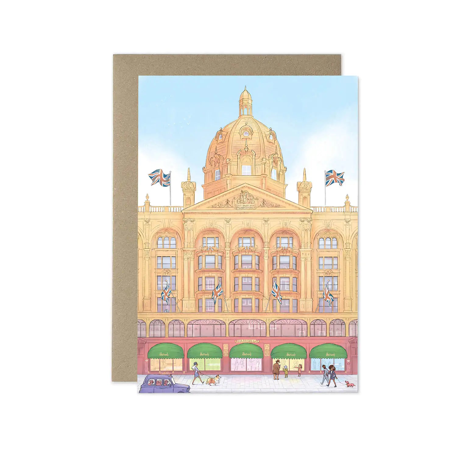 London's Harrods Store beautifully illustrated on a greeting card by mike green illustration.