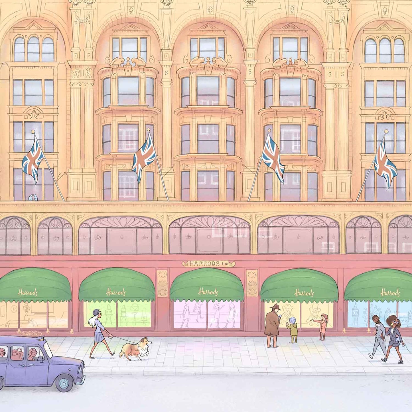 Detail of an illustration of the Harrods Store London