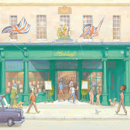 Details from a wall art print of Hatchards bookshop in London on Piccadilly.