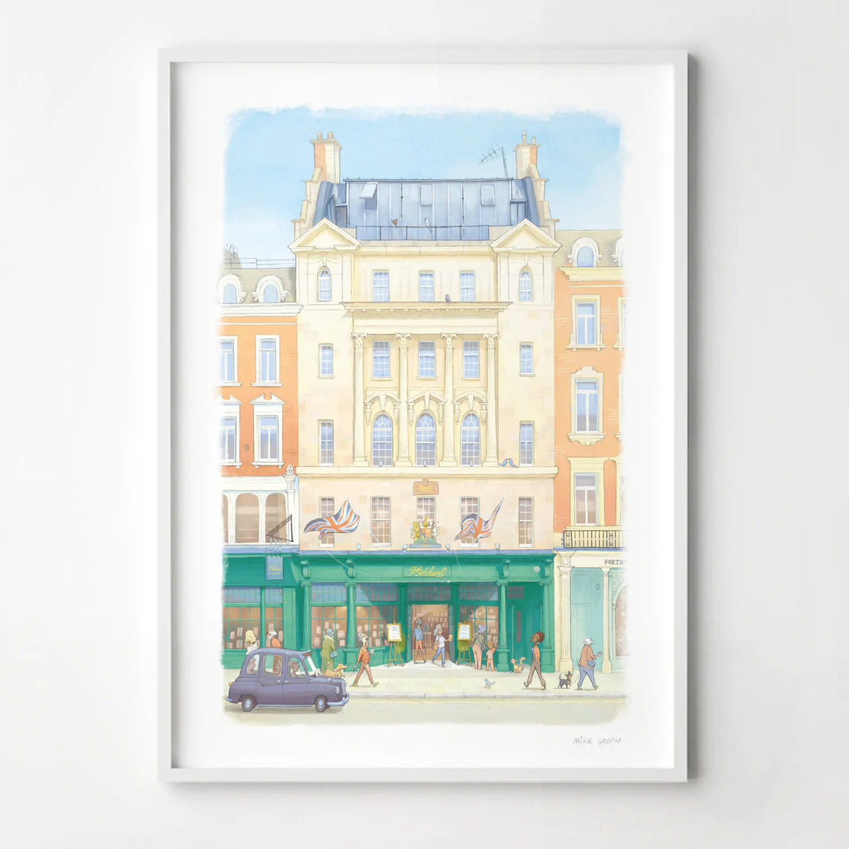 A wall art print of Hatchards bookshop in Piccadilly London in an illustration water colour style, displayed in a white frame.