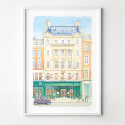 A wall art print of Hatchards bookshop in Piccadilly London in an illustration water colour style, displayed in a white frame.