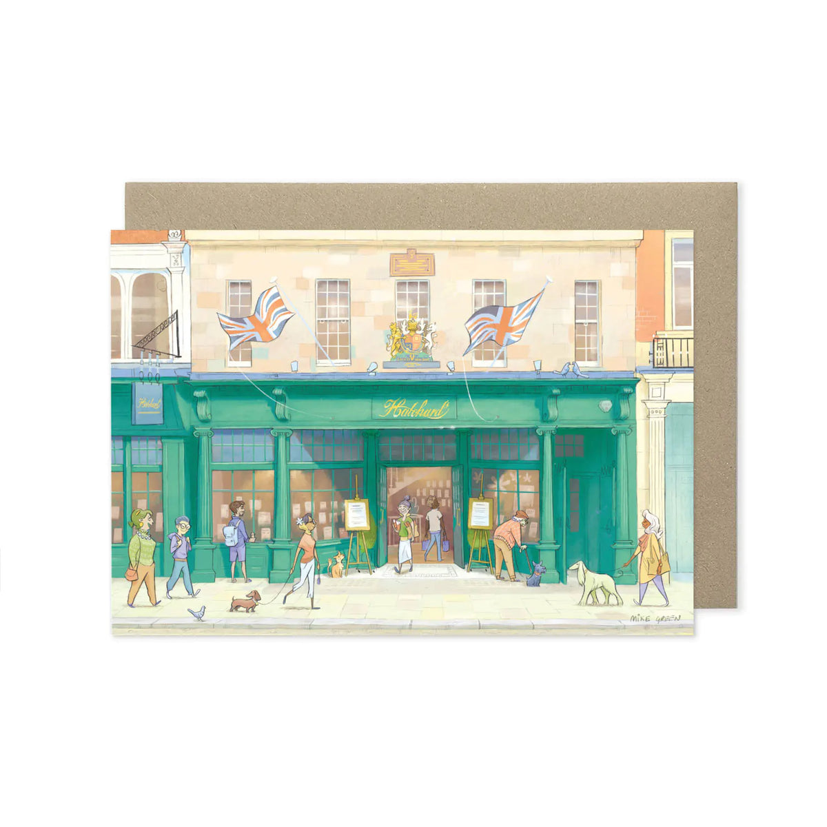 A greetings card featuring a watercolor-style illustration of Hatchards Piccadilly bookshop with people shopping in London with a kraft envelope behind it on a white background.