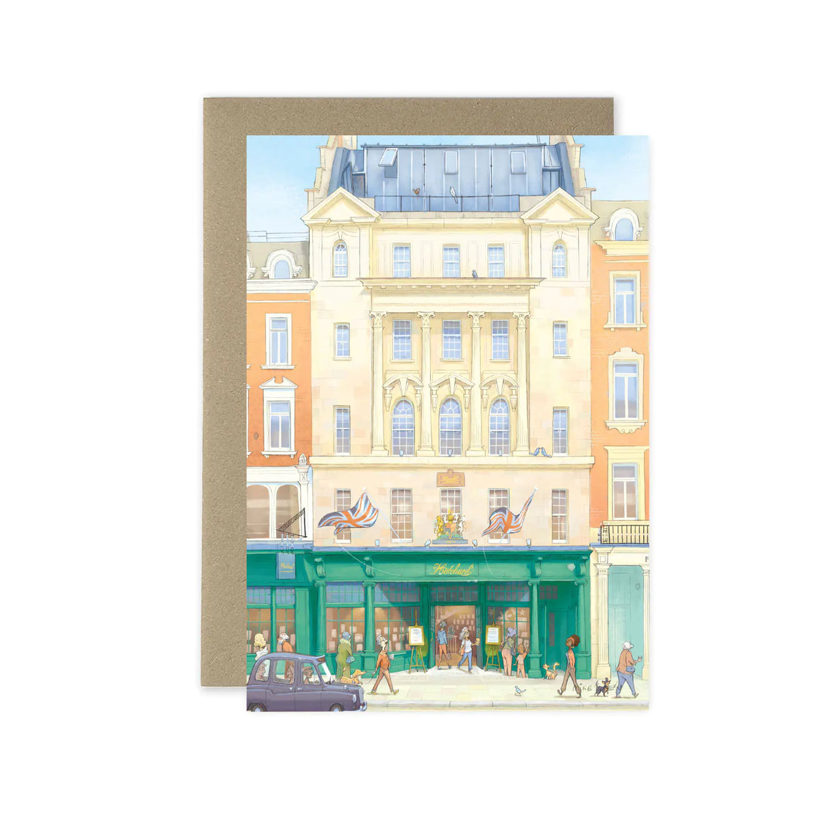 A greetings card featuring a watercolor-style illustration of Hatchards Piccadilly bookshop in London with a kraft envelope behind it on a white background.